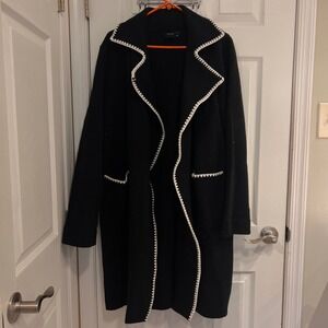 Cliche Black Open Front Coat with White Trim